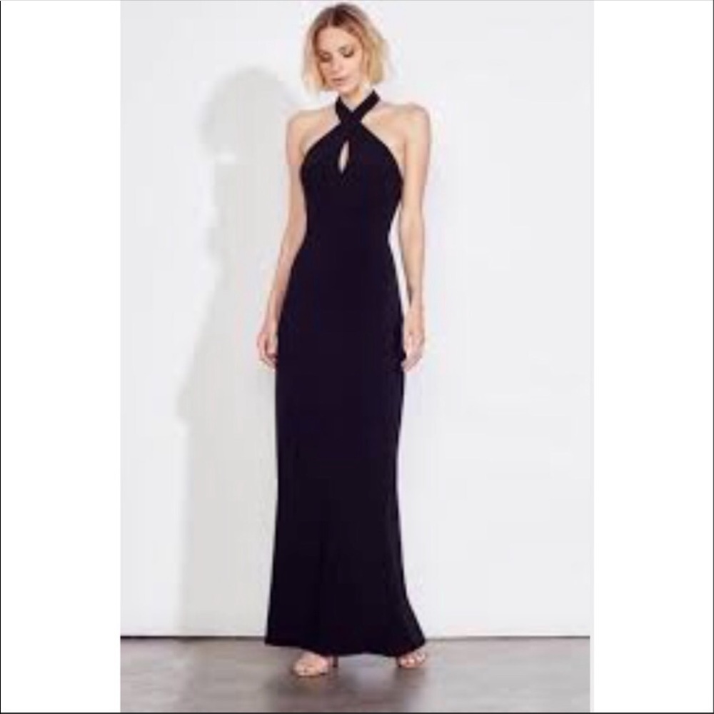 Ali & Jay L black halter evening gown